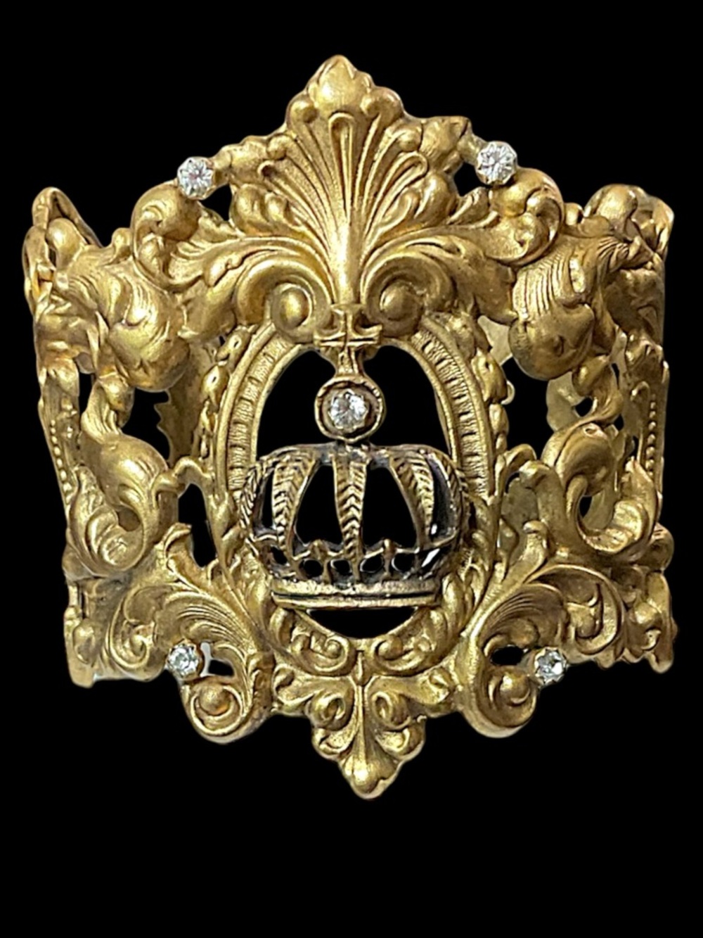 Vintage Filigree Etched Crown Bangle Cuff Gold Tone